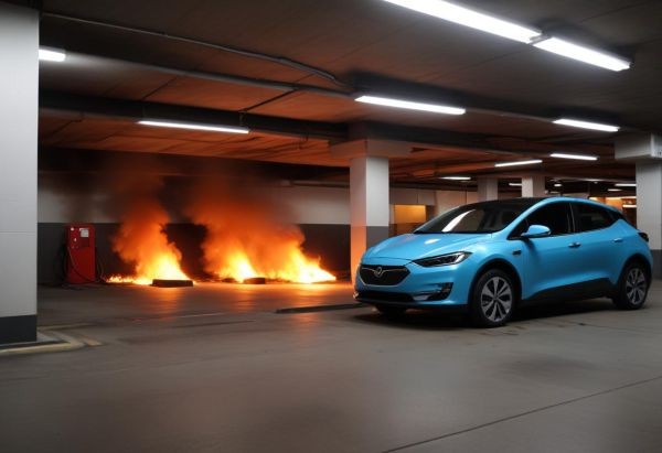 pożar samochodu elektrycznego na parkingu podziemnym